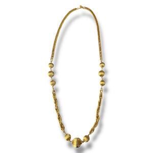 NLH Gold Tone Ribbed Bead Station Rope Chain Necklace 34” Long Statement Vintage